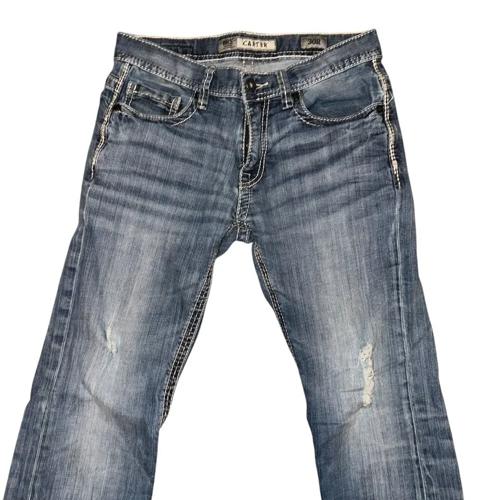 BKE Carter Straight Leg Jeans Mens 30 27 Light Wash Well Worn Grunge Embroidered